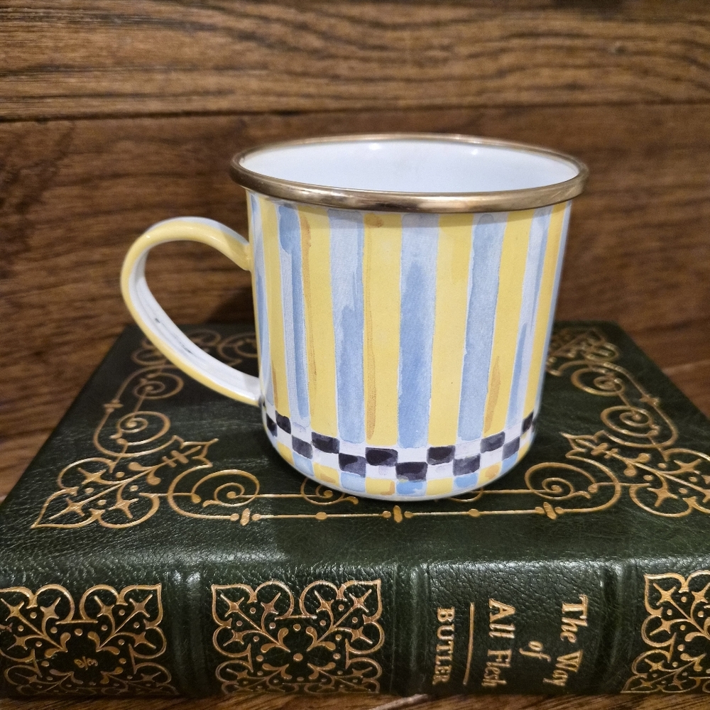 MacKenzie-Childs Blue Yellow Stripes Chess Pattern Duck Enamel Mug Retired